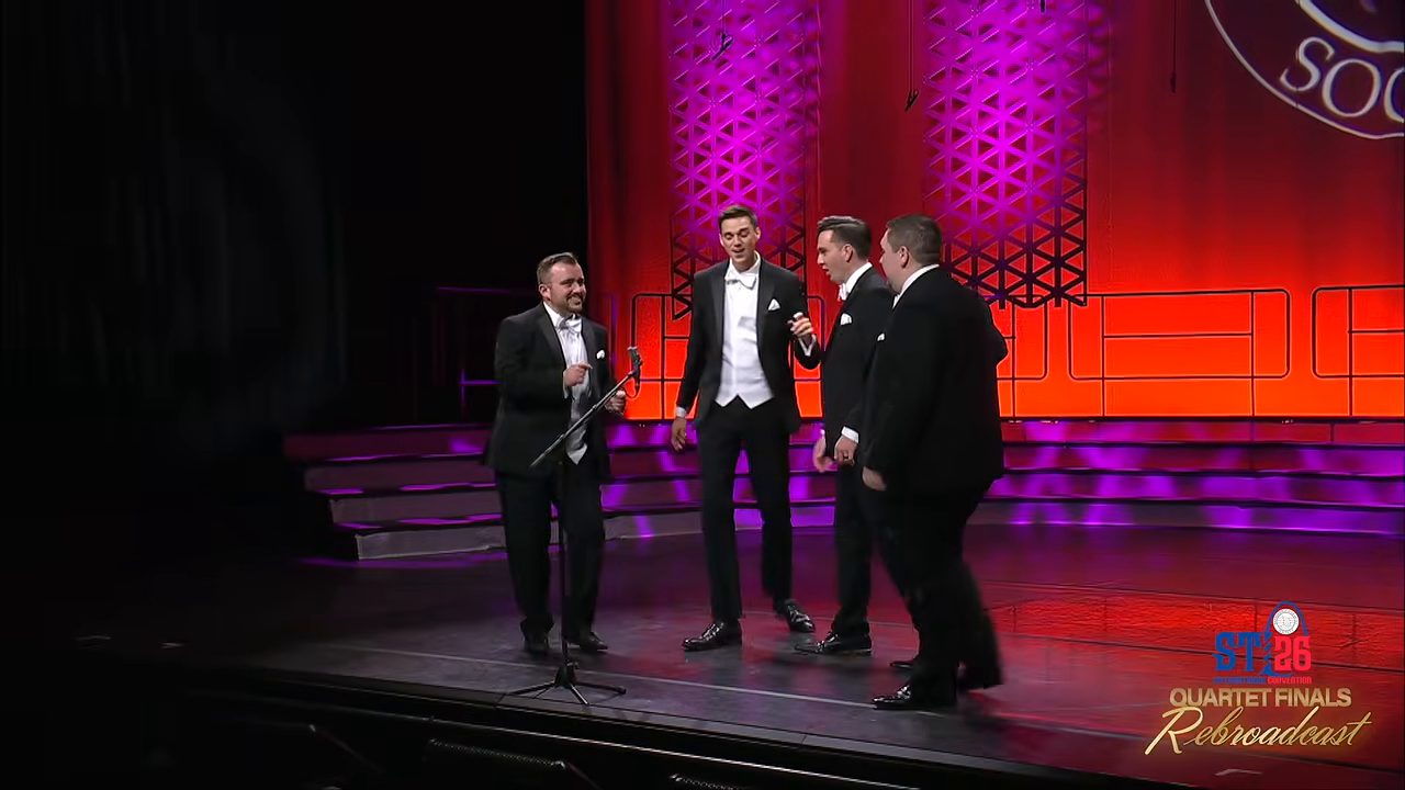 Video still: the four men of Full Effect in tuxedos on the International stage in St. Louis, 2026.